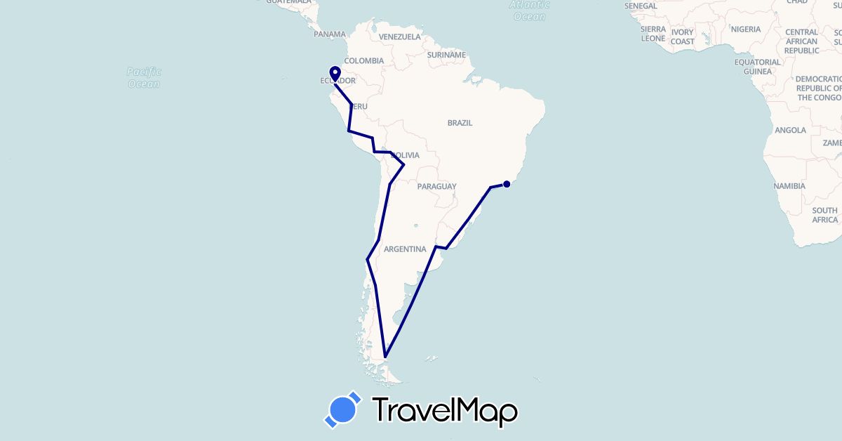 TravelMap itinerary: driving in Argentina, Bolivia, Brazil, Chile, Ecuador, Peru, Uruguay (South America)